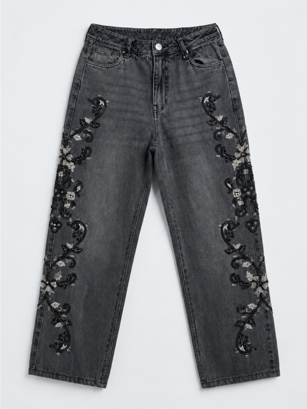 River Island Black Embroidered - Relaxed Straight Leg Jeans